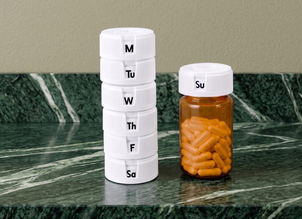 A stack of RedCap closures marked M, Tu, W, Th, F, Sa beside an amber prescription bottle capped with Su.